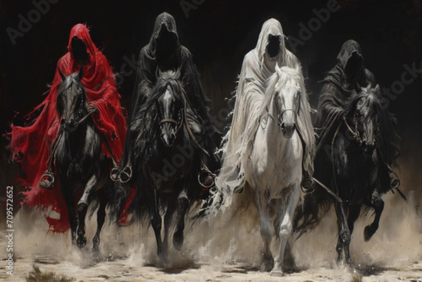 Fototapeta 
"Apocalyptic Riders: The Four Horsemen of the Apocalypse - White for Conquest, Red for War, Black for Pestilence or Famine, and Pale for Death - Set Against a Dark Background with a Desolate Dese