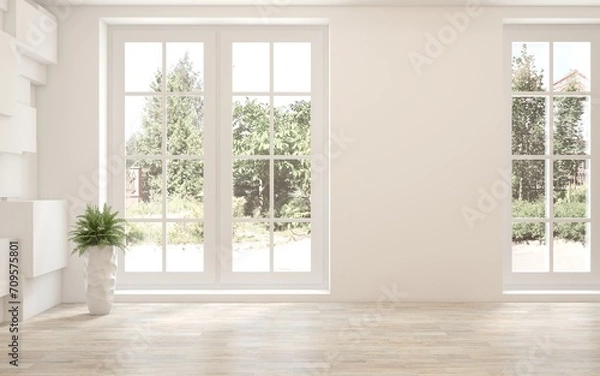 Fototapeta White empty room with summer landscape in window. Scandinavian interior design. 3D illustration