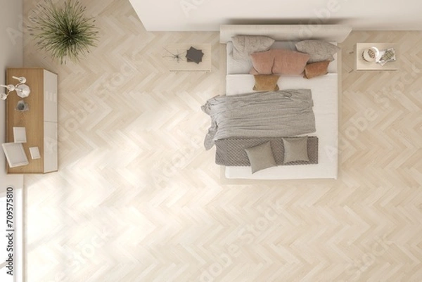 Fototapeta Top view of white bedroom concept. Scandinavian interior design. 3D illustration