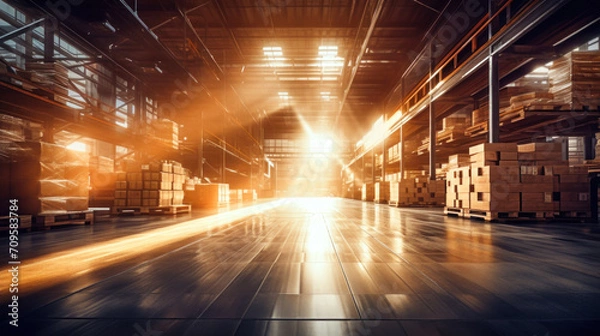 Fototapeta Retail warehouse full of shelves with goods in cardboard boxes, with pallets and forklifts. Logistics and transport blurred background. Product distribution center
