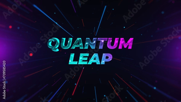 Fototapeta Futuristic Blue Purple Digital Technology Glossy Metal Texture Quantum Leap Text With Blurry Focus Colorful Glitter Light Streaks Burst Background