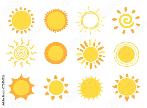 Fototapeta Cute sun. Hand drawn doodle yellow summer suns. Vector icons with sun rays isolated on white background