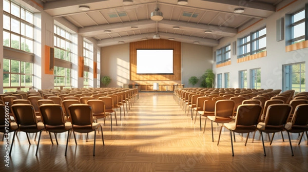 Fototapeta Bright conference hall with large windows and a park view. Seminar space concept. Generative AI