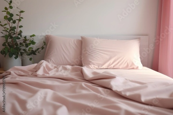 Fototapeta  a bed with a pink comforter and two pillows and a plant in a vase on the side of the bed.