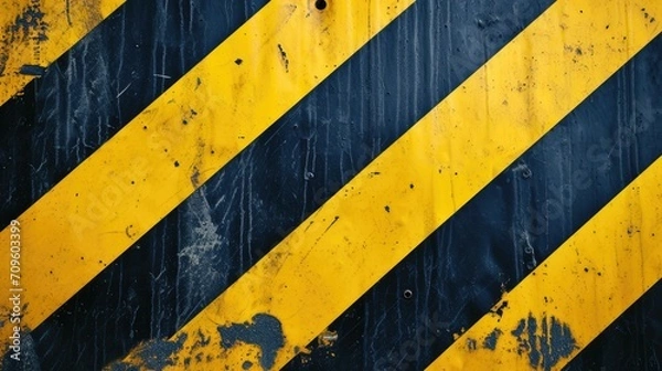 Fototapeta Caution tape with a yellow and black striped pattern stretches across the frame, symbolizing a warning or danger zone