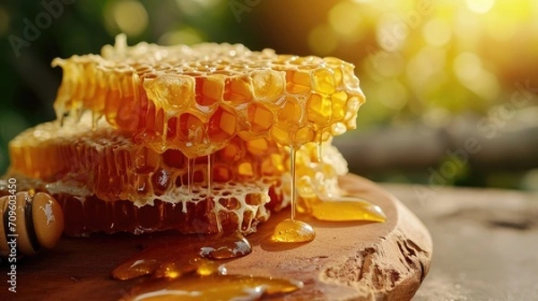 Fototapeta Fresh honeycomb pieces with dripping honey represent natural sweetness and the labor of bees in producing honey