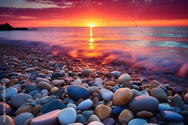 Fototapeta  the sun is setting over the ocean with rocks in the foreground and a sailboat in the distance in the distance.