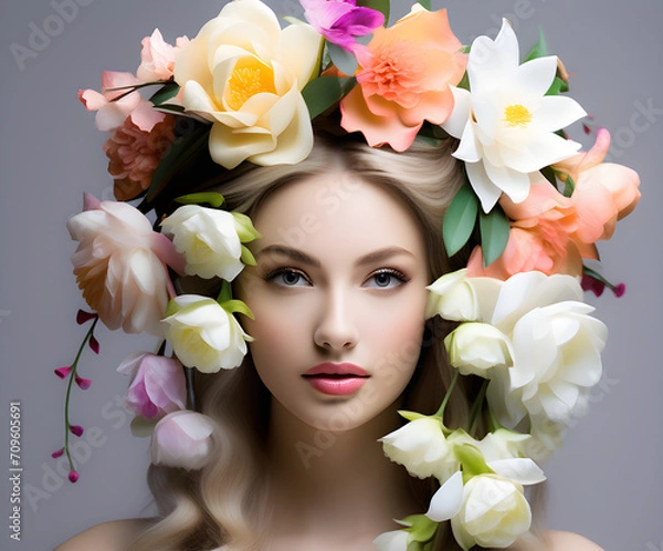 Obraz 꽃과 사람, 꽃으로 장식된 여자, 아름다운, 신비로운, 예쁜, 헤어 장식,