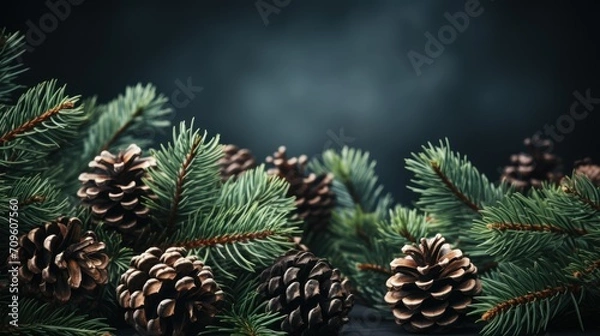 Fototapeta  a group of pine cones sitting on top of a green pine tree branch next to a pine cone on top of a pine branch.