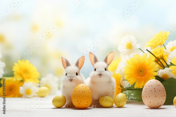 Fototapeta two cute tiny bunny rabbits, delicate flowers, dreamy style, ethereal light, eggs, easter