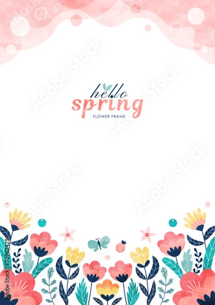 Obraz 春の花の背景フレーム カラフルな水彩のイラスト枠（縦）
