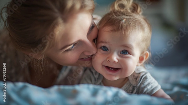 Fototapeta Woman and child embracing one another, Mum is comforting a baby, Beautiful conceptual image of child care, generative AI