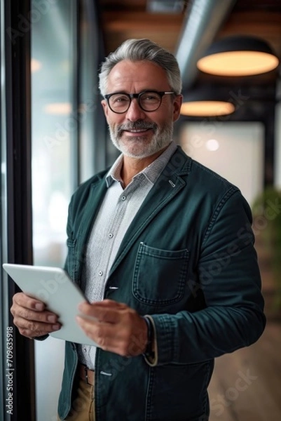 Obraz Senior smiling business man holding tablet standing in office. Middle aged businessman manager investor using tab computer, mature male executive looking at camera at work. Vertical, Generative AI