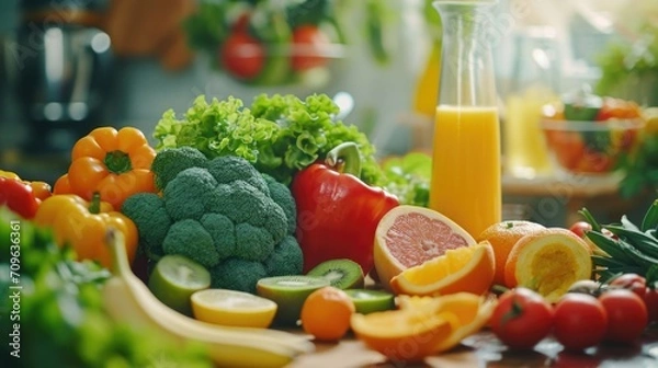 Fototapeta A variety of colorful and healthy fruits and vegetables displayed on a table. Perfect for illustrating the concept of a balanced diet and healthy eating