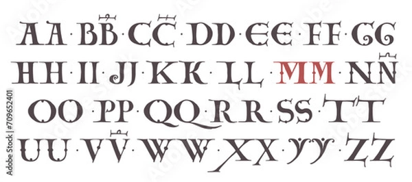 Obraz Carolingian Majuscule alphabet. Old Romanesque font from 13th century.  Square Capitals from medieval manuscript. Upper-case lettering, the base for Lombardic capitals. Elegant classic serif font.