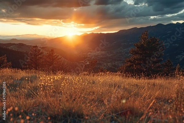 Obraz Sunset over the distant mountains