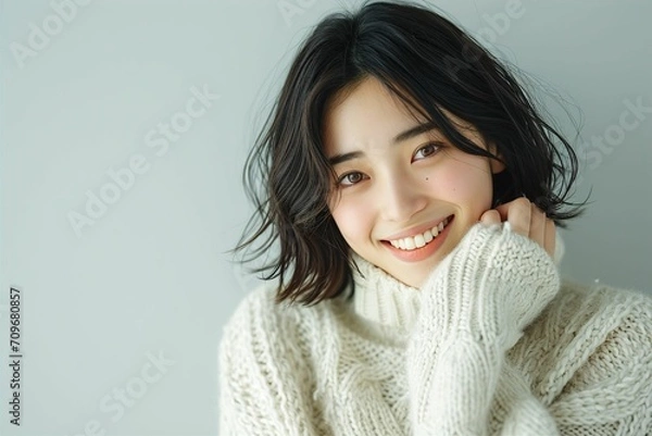 Fototapeta セーターを着た日本人女性のポートレート（美容・婚活・結婚・バレンタイン）