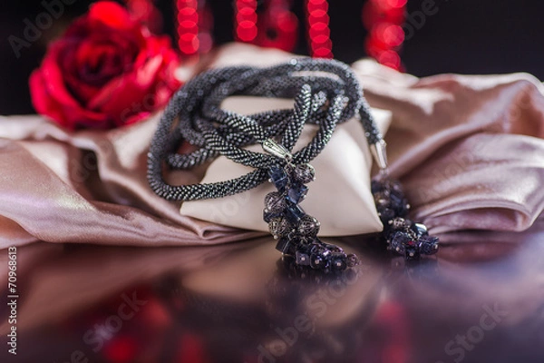 Fototapeta Beads, beadworks on a colored,   accessories