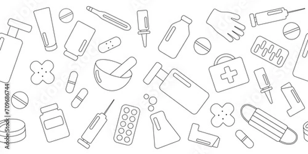 Fototapeta Set of pharmacy items. Black outline on white background. Seamless border. Vector illustration for coloring book, print, packaging.
