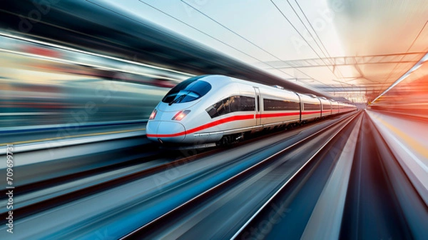Fototapeta High-speed bullet train in motion, concept of modern rail travel. Motion blur.