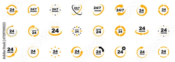 Obraz 24 7 service icon set. 24-7 open, concept with call icon. Support 24 hours a day and 7 days a week. Support service. Vector Illustration.