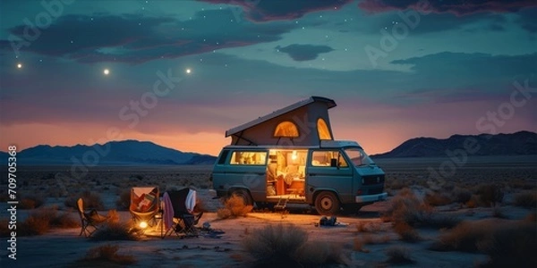 Fototapeta Campervan parked in a desert at twilight with a rooftop tent and chairs set outside.