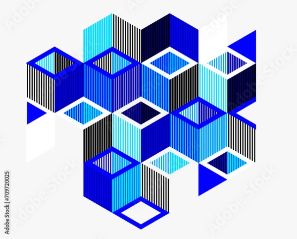 Fototapeta Blue vector abstract geometric background with cubes and different rhythmic shapes, isometric 3D abstraction art displaying city buildings forms look like, op art.
