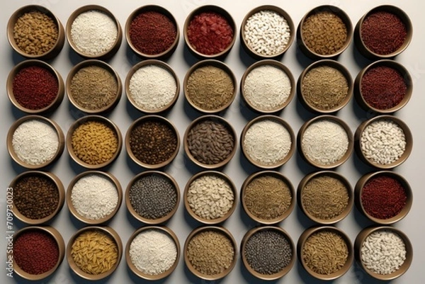 Fototapeta View of allergens commonly found in food grains. a group of cereals. various types of rice in different containers
