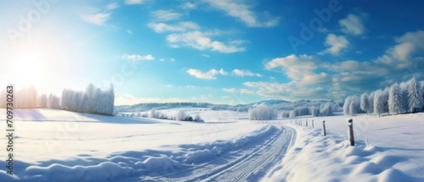 Fototapeta Winter Wonderland: A Serene Journey Through the Snow-Covered Road with Majestic Mountains and a Clear Blue Sky as the Background