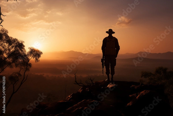 Obraz As the sun rises on ANZAC Day, soldiers' silhouettes grace the mountaintop - a powerful tribute to those who served and sacrificed. In this moment, we honor their bravery and remember with gratitude.