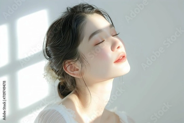 Obraz 素肌の綺麗な日本人メイクモデルのポートレート（白背景・美肌・透明感）