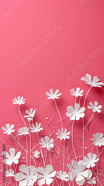 Fototapeta Mother's day concept - vertical background for stories, white flowers in paper cradt style, solid color background