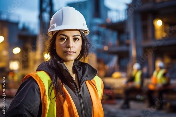 Fototapeta Resilient female engineer leading project at construction site. Construction worker in helmet in uniform and safety helmet works tirelessly on project