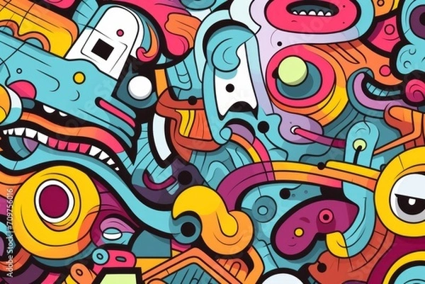 Fototapeta Cartoon cute doodles showcasing a detailed and surreal fusion of geometric and organic shapes in a seamless and abstract composition, Generative AI, 
