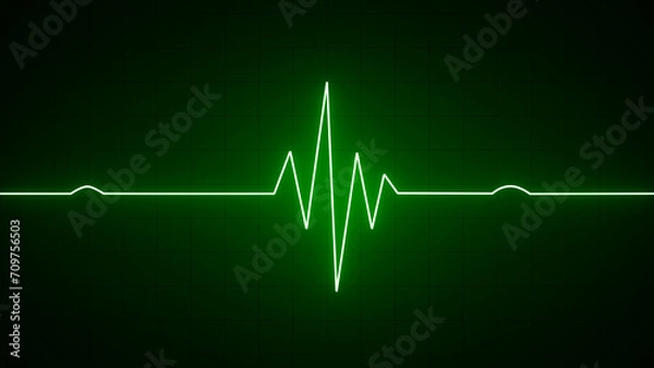 Fototapeta Green neon Heart pulse monitor with signal. Heartbeat line. Flat line EKG, Pulse trace. EKG and Cardio symbol. Healthy and Medical concept