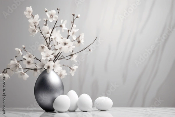 Fototapeta Sophisticated Monochrome Easter: Textured Vase with White Blossoms and Matte Eggs, a Modern Take on Spring Decor for an Elegant Banner
