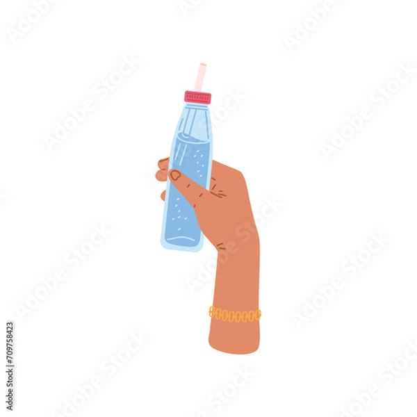 Fototapeta Hand holding a bottle of water with straw, vector illustration isolated on white.