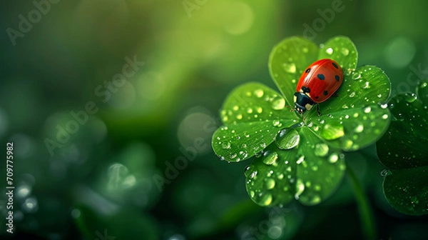 Fototapeta A ladybug crawls on a four-leaf clover, dew