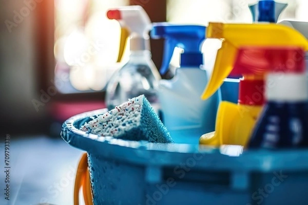 Obraz Close-up of Cleaning Products in a Blue Bucket
