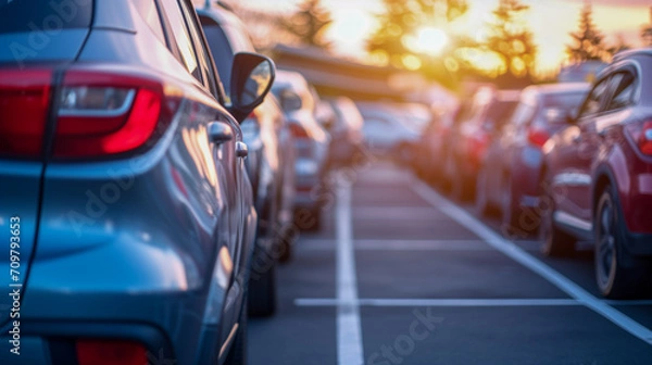 Fototapeta 混雑した自動車ディーラーの駐車場に沈む夕日の輝き、自動車ビジネスのイメージ。