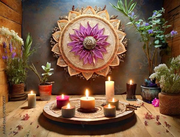 Fototapeta Sacred Mandala: Tranquil still life adorned with candles, fragrant incense sticks still life, creating a serene ambiance for spiritual practices like yoga or meditation.