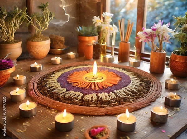 Fototapeta Sacred Mandala: Tranquil still life adorned with candles, fragrant incense sticks still life, creating a serene ambiance for spiritual practices like yoga or meditation.