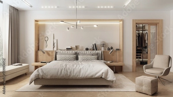 Fototapeta Modern and spacious bedroom in Japadi style - a combination of Scandinavian and Japanese design. The bright interior combines muted beiges, browns with wood. 3D illustration