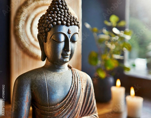 Fototapeta Calm Buddha face bathed in warm daylight, surrounded flickering candles in peaceful hall. Tranquil ambiance perfect for spiritual activities such as yoga or meditation, inviting inner peace