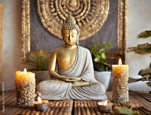 Fototapeta Calm Buddha face bathed in warm daylight, surrounded flickering candles in peaceful hall. Tranquil ambiance perfect for spiritual activities such as yoga or meditation, inviting inner peace
