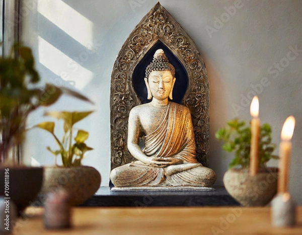 Fototapeta Calm Buddha face bathed in warm daylight, surrounded flickering candles in peaceful hall. Tranquil ambiance perfect for spiritual activities such as yoga or meditation, inviting inner peace