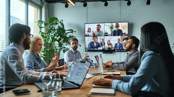 Obraz Diverse company employees having online business conference video call on tv screen monitor in board meeting room. Videoconference presentation, global virtual group corporate training, Generative AI