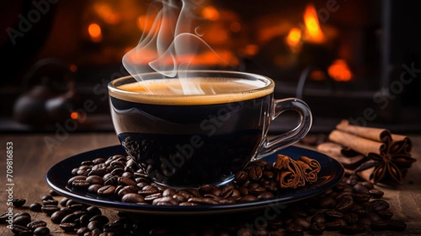Fototapeta Coffee cup and coffee beans on table