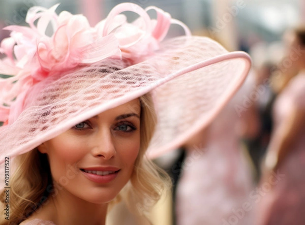 Fototapeta Summer Glamour: A Young Attractive Caucasian Female Model in a Fashionable Pink Dress and Retro Hat, Smiling and Posing with Elegance at a Colorful Costume Parade
