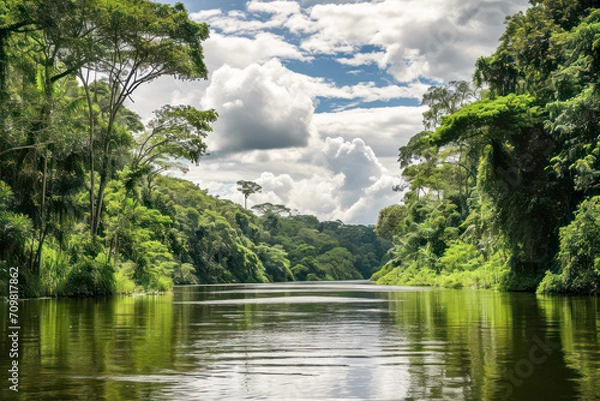 Obraz Rainforest and river on a cloudy day